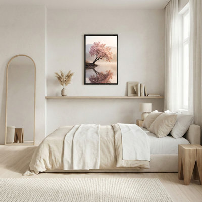 «Pink Blossom Tree Reflection in Misty Lake», art mural sur toile
