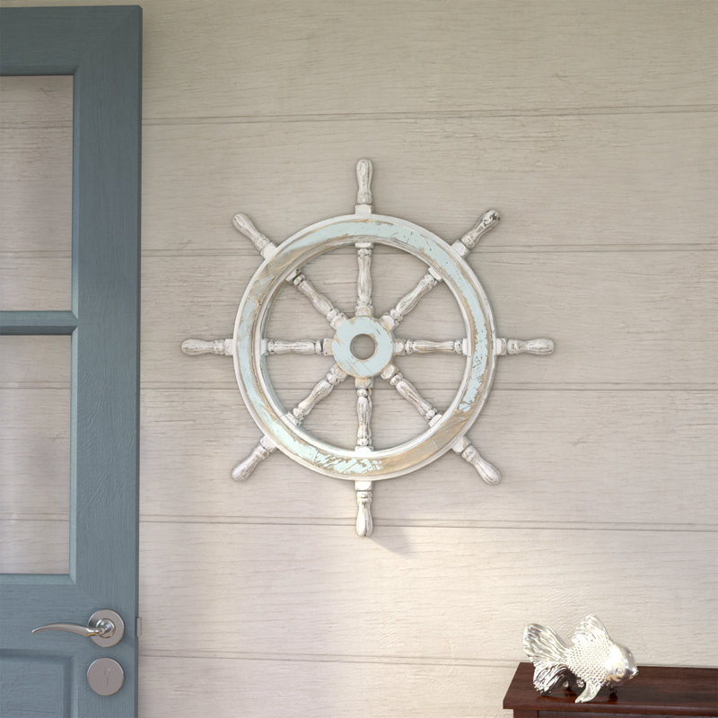 Mcgaughey Wood Distressed Ship Wheel Sail Boat Blue Wall Decor with White Accents