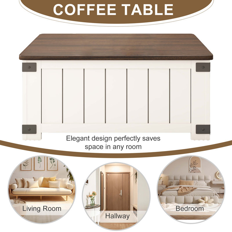 White and Brown Square Lift-Top Coffee Table with Storage