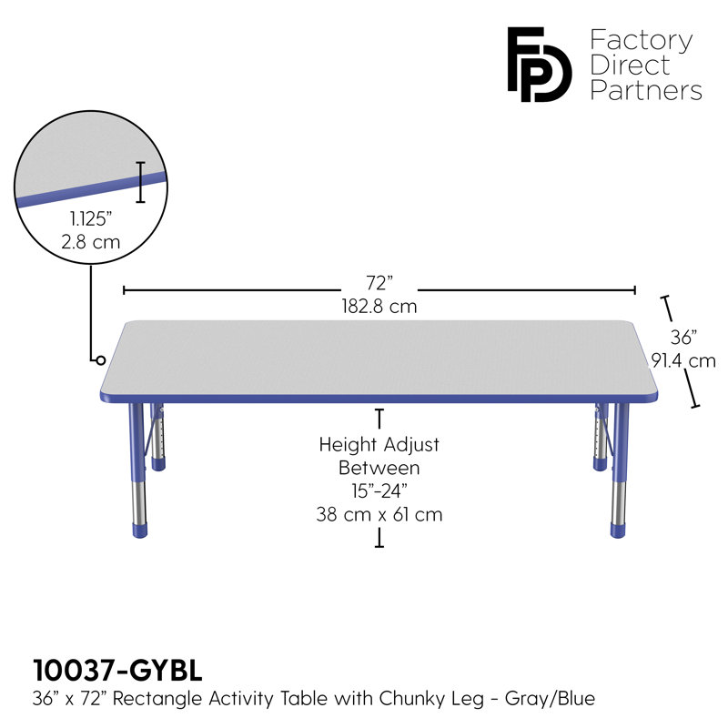 Rectangle T-Mould Adjustable Height Activity Table, Chunky, 36" x 72", Grey/Blue/Black