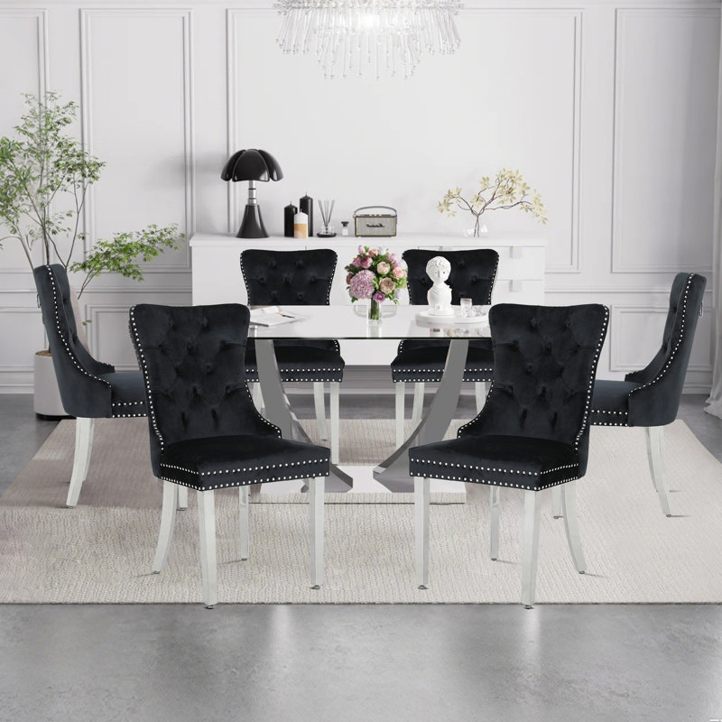 Upholstered Dining Chairs.Tufted Back Design With Stainless Steel Leg, Silver, 6, Black