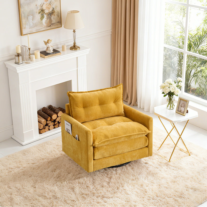 36" Chenille Upholstered Single Swivel Chair，Arm Chair, Mustard Yellow