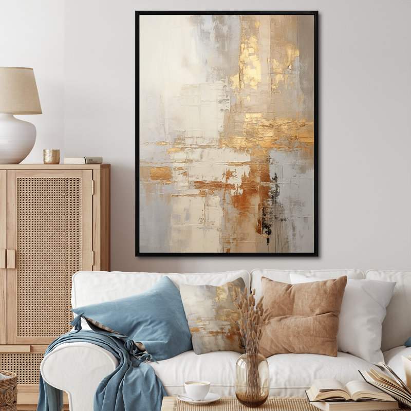 Or et blanc abstrait divisé - formes abstraites, impression sur toile, Cadre flottant noir, H 32 po x l 24 po x P 1 po