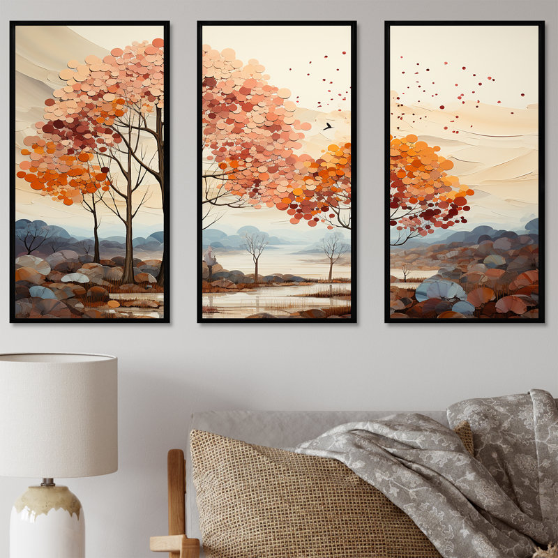 «Mute Tone Maple Trees Collage», ensemble de reproduction d'art mural érable, Cadre flottant noir, H 40 po x l 60 po x P 1 po