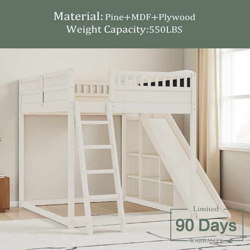 Lit mezzanine avec tête de lit tapissier et tablettes de rangement, complet avec échelle et glissade, Grand, Beige