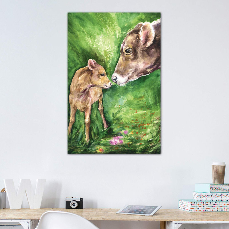 Vache et bébé, décoration murale pour enfants, H 40 po x l 26 po x P 1,5 po, Toile tendue