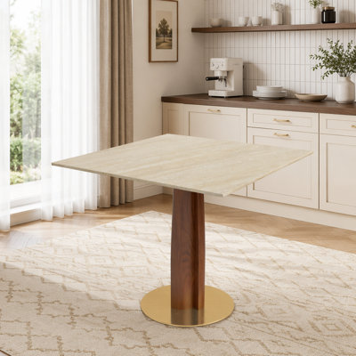 Table de salle à manger moderne carrée, table en pierre des cavernes en ardoise matte de 33,5 po avec pieds en bois et base dorée, table de cuisine pour 2 personnes pour petit espace, capacité de poids de 150 lb (seulement la table de Négociation)
