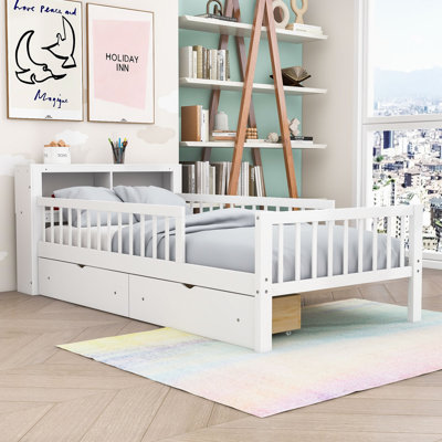Twin Wooden Platform Bed with Headboard Storage, Safety Guardrails and Drawers