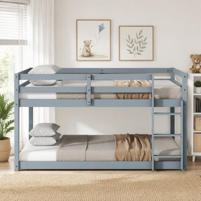 Solid Wooden, Solid Rubber Wooden Twin over Twin Floor Bunk Bed with Ladder, with Bed Platform of Strengthened Slats