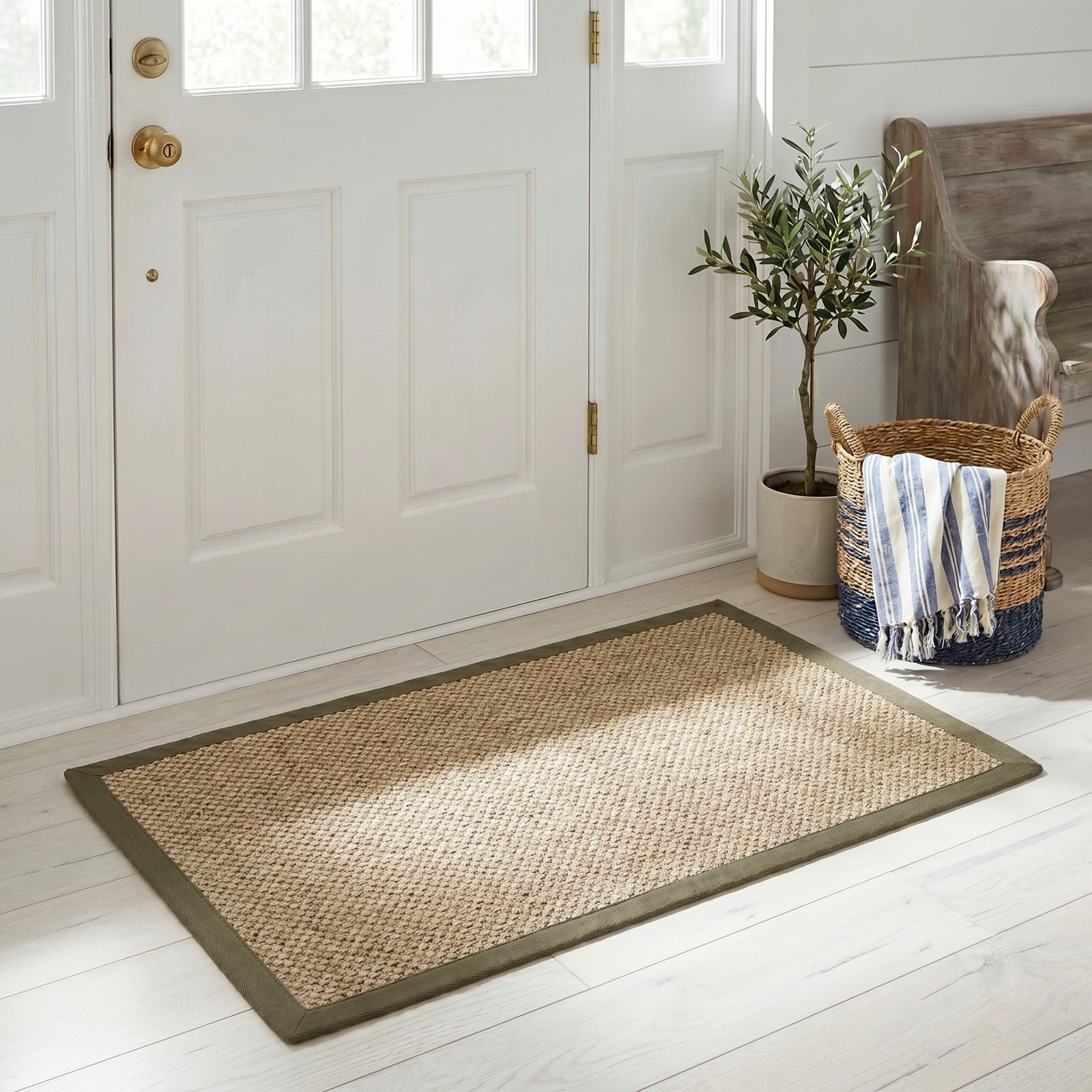 Beige Green Floral Jute Rug, Rectangle 2'6" x 4'