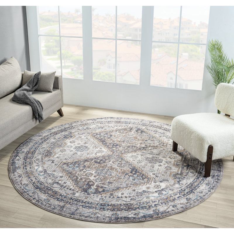 Hulsey Nomad - tapis tribal bleu vieilli avec un design bohème rétro, Rond 7 pi 11 po