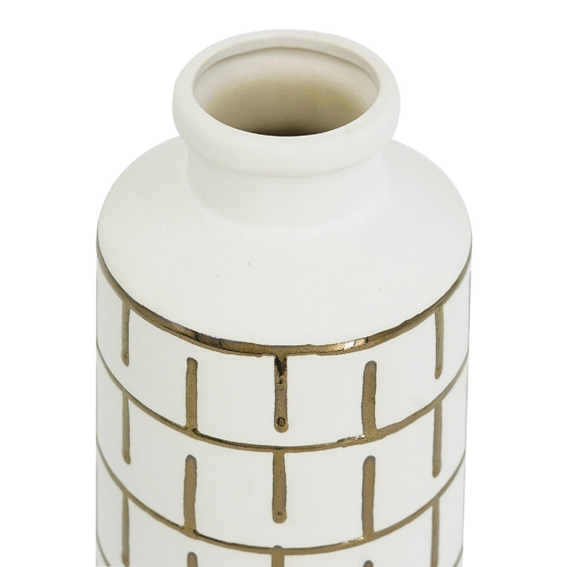 Round White Ceramic Vase with Gold Motif, 12" H x 5.5" W x 5.5" D