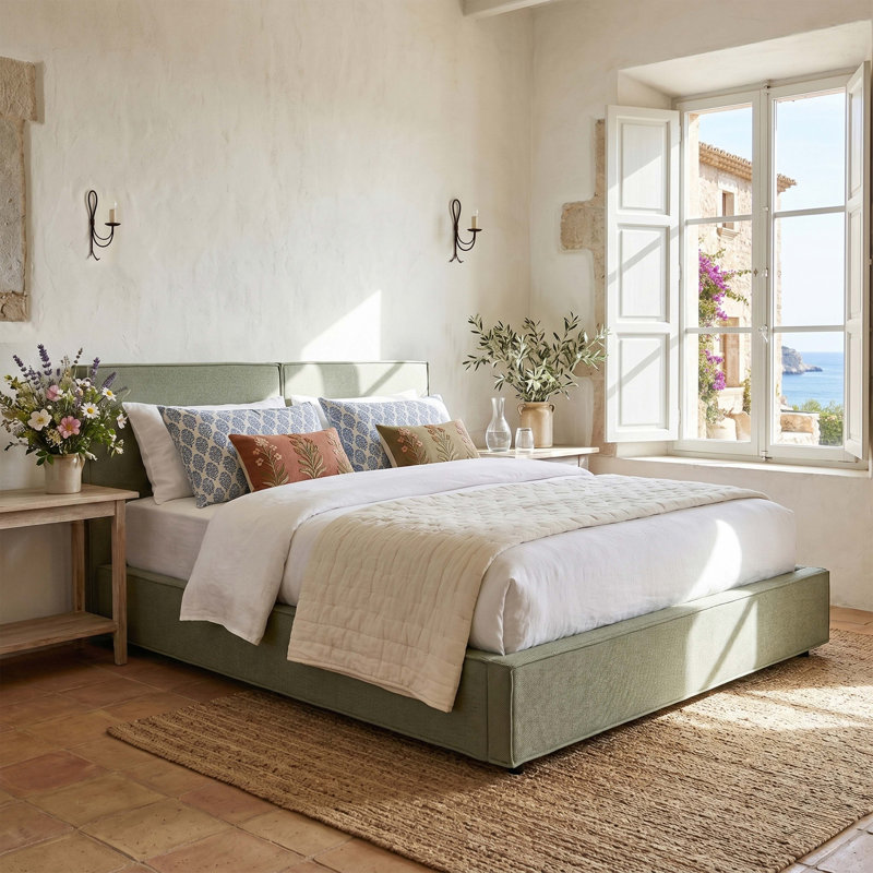 Cadre de lit plateforme capitonné moderne pour lit queen size, recouvert de lin synthétique bicolore, tête de lit avec coutures de biscuits haut de gamme.