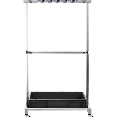 Tour à outils de jardin avec 10 fentes et 24 crochets, organisateur de jardin pour le rangement dans le garage extérieur, transport facile sur roues, support de rangement industriel en acier inoxydable gris, vadrouille à balai, 4 roulettes pliables et pivotantes