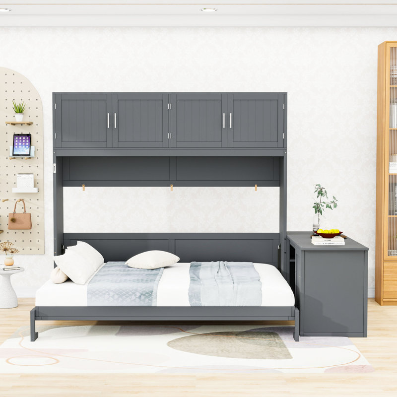 Queen Wall-Mounted Murphy Bed with Desk, Storage Cabinets and Shelves, Gray