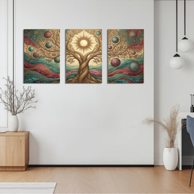Arbre de vie avec soleil et planètes, reproduction d'art sur toile tendue sur toile, ensemble de 3, pour salon, chambre à coucher, décoration intérieure