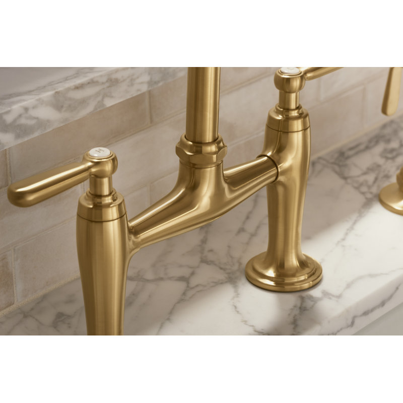 Edalyn by Studio McGee Two-Hole Bridge Kitchen Sink Faucet with Side Sprayer, Vibrant Brushed Moderne Brass