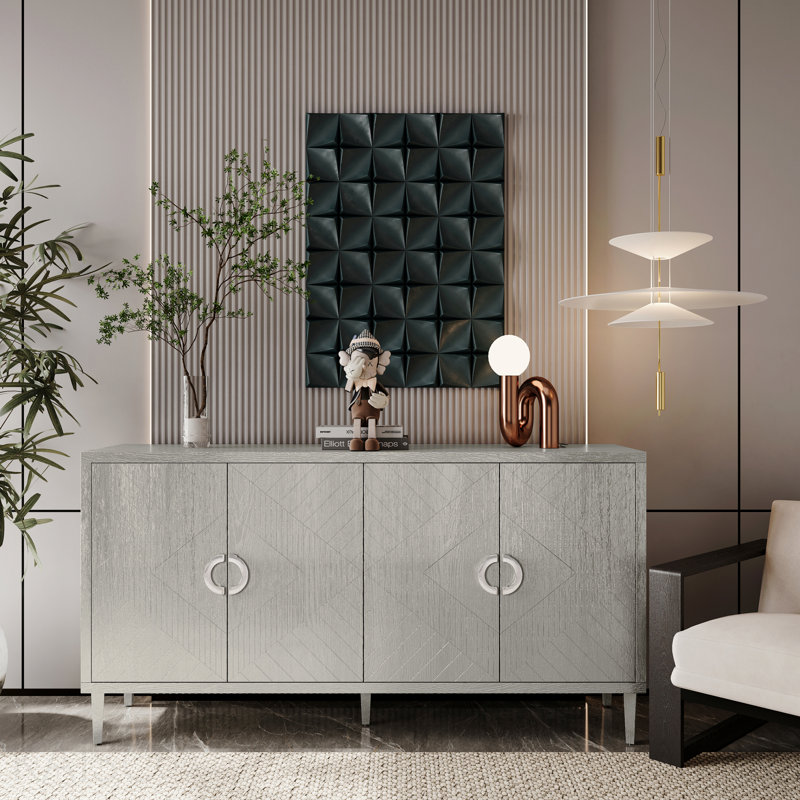 Armoire de rangement élégante et fonctionnelle à 4 portes avec pieds en pin et panneau de fibres à densité moyenne, pour le salon, la chambre à coucher et la cuisine, champagne