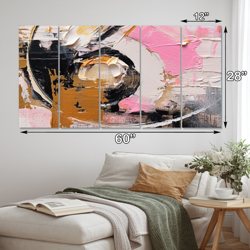 «Pink Gold Symmetometric Meets - Cubism», reproduction sur toile - 5 panneaux égaux