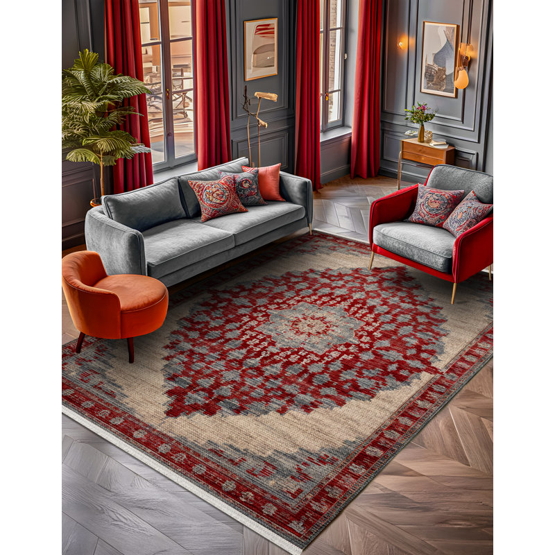 Tapis de coton oriental beige Marisol, Rond 3 pi 4 po