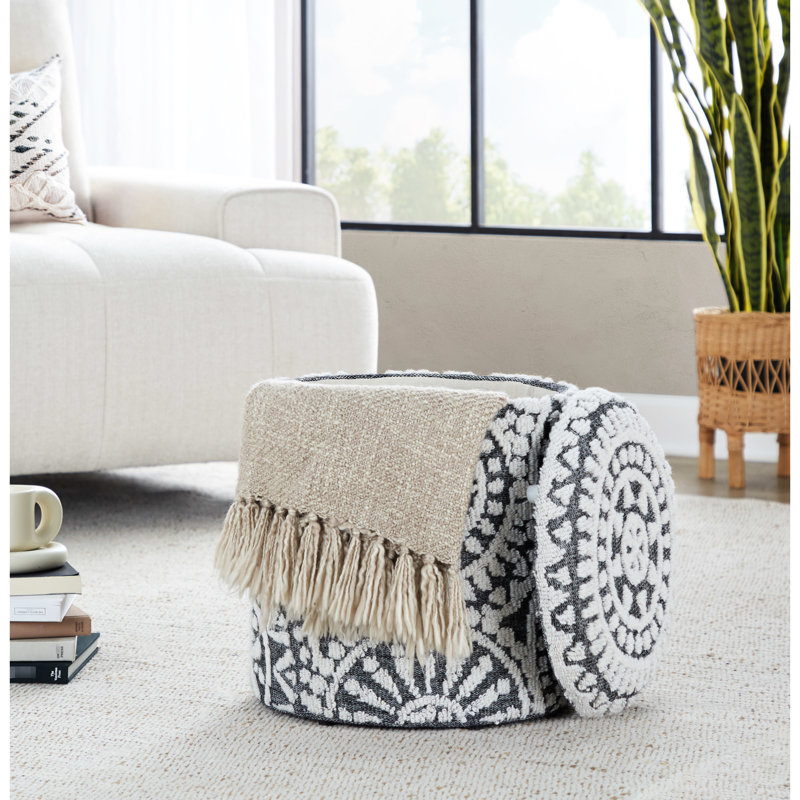 Coffre de rangement en laine noire tissée à la main de 45,7 cm (18 po), style noué, couvercle amovible, usage intérieur, limite de poids de 113 kg (250 lb), design avec couvercle de rangement, polyvalent, aucun assemblage requis