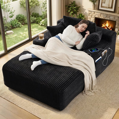 66" Chaise Lounge Chair Indoor, Oversized Corduroy Upholstered Boneless Sofa Bed with USB&Type C, Deep Seat Sleeper Couch Reading Chairs with 3 Pillows, Cloud Sofas Couches for Living Room No Assembly