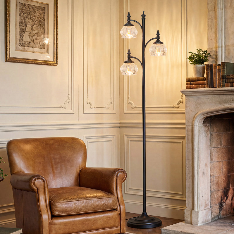 Gold  Floor Lamp For Living Room,Tall Standing Lamp Dimmable Tree Floor Lamps With 3 Rotatable Lights Glass Flower Shade 66.5'' Modern Corner Lamp For Bedroom Office(3LED Bulbs Included)