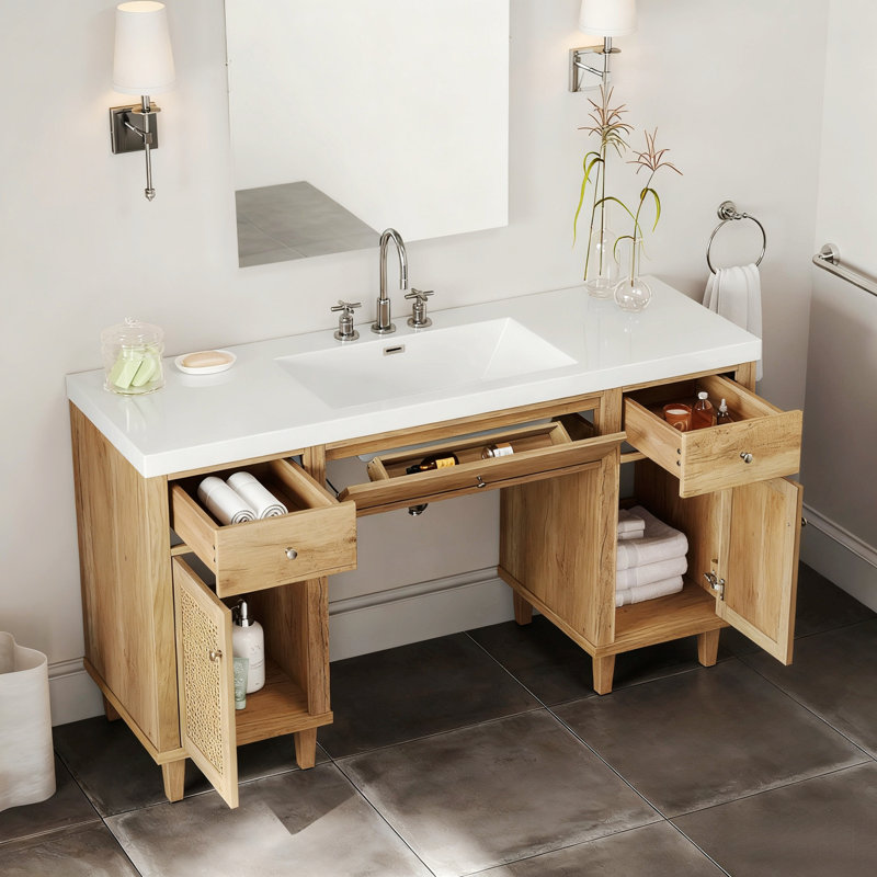 Meuble-lavabo de salle de bain avec lavabo, armoire de rangement avec tiroirs à fermeture en douceur, pieds en bois massif et poignées en métal