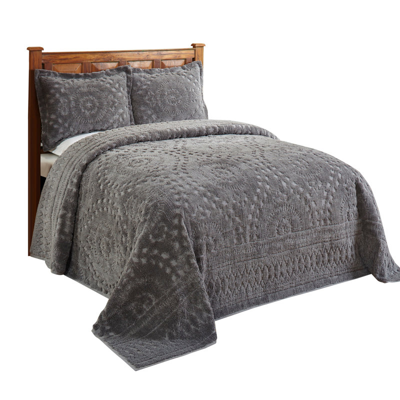 Rio 100% Cotton Chenille Tufted Bedspread, Traditional Medallion Design, Soft Breathable All-Season Machine Washable Coverlet, OEKO-TEX Certified, Full/Double Size, Gray