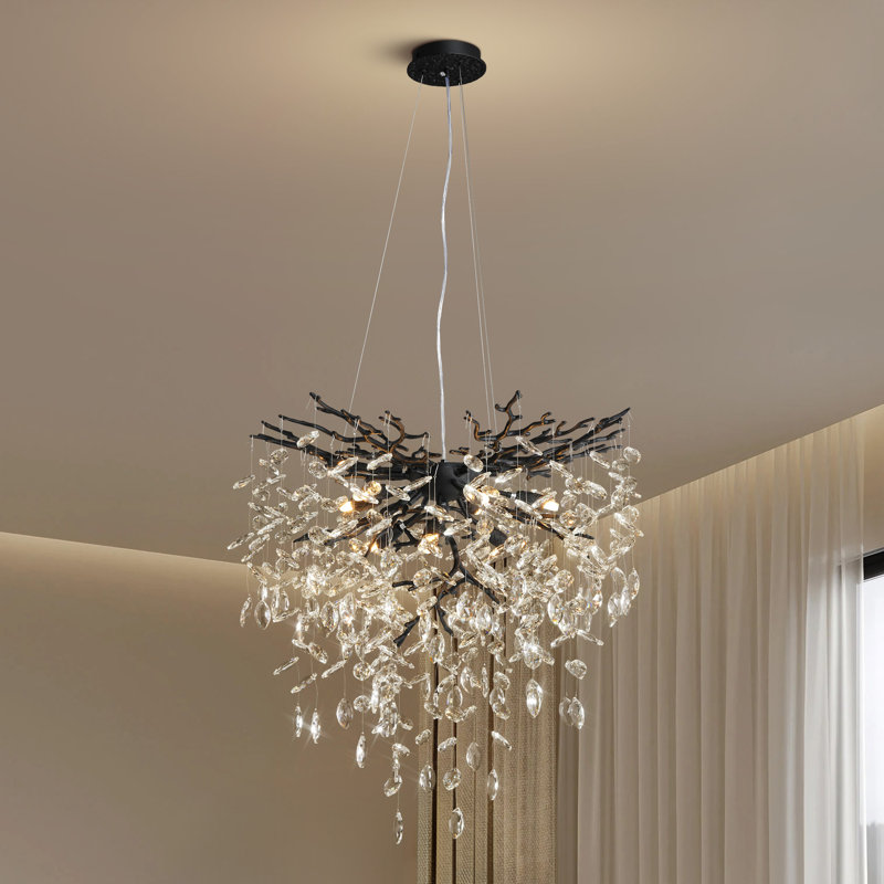 Modern 8-Light Chrome Crystal Chandelier With Tree Branch Design, Matte Black, 27.56" H x 23.62" W x 23.62" D