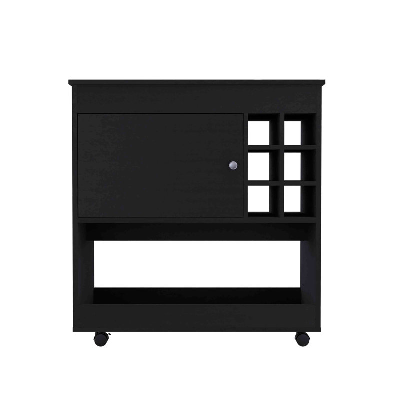 Modern Bar Cart, Lower Panel, Six Bottle Cubbies, One Cabinet -Black, Black