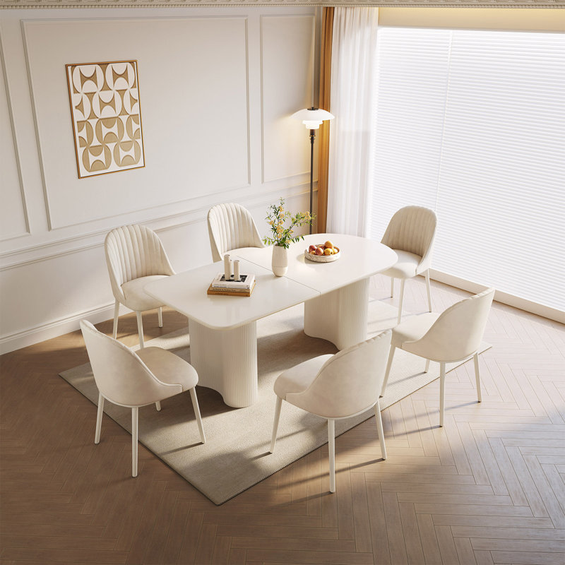 Pearlena 62.99" Modern Rectangle Cream White Dining Table Set with 6 Chairs for Kitchen, Bar, Living Room