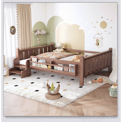 Lit pour enfants en bois massif avec rangement, bibliothèques, escaliers et garde-corps, aucun sommier nécessaire, taille double