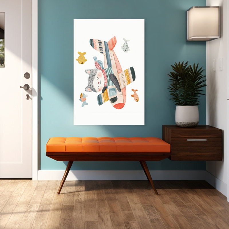 «Whimsical Cat Pilot Colorful Playful Whimsical Cat Fish», impression murale, H 48 po x l 32 po