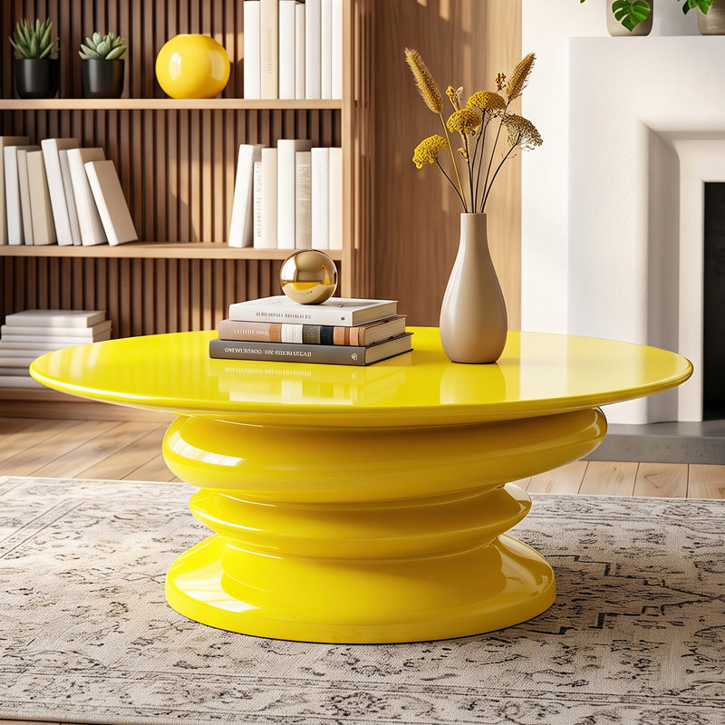 Table basse moderne haut de gamme en fibre de verre, table d'appoint ronde à pied central laqué brillant pour salon, aucun assemblage requis, jaune