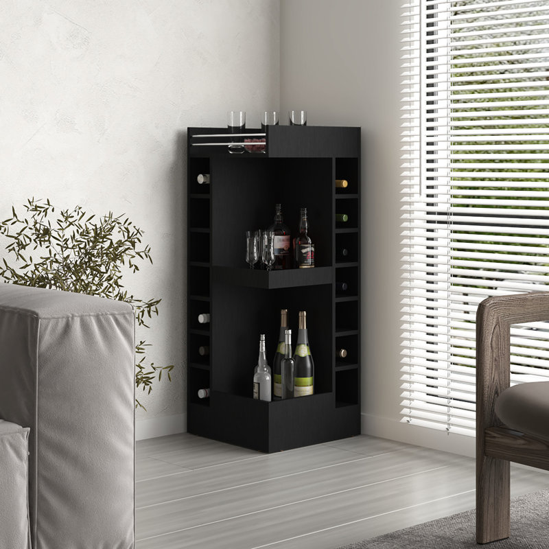 3 Black Corner Bar Cabinet With 14 Wine Bottle And In Fashion 46" High In Slots, Black