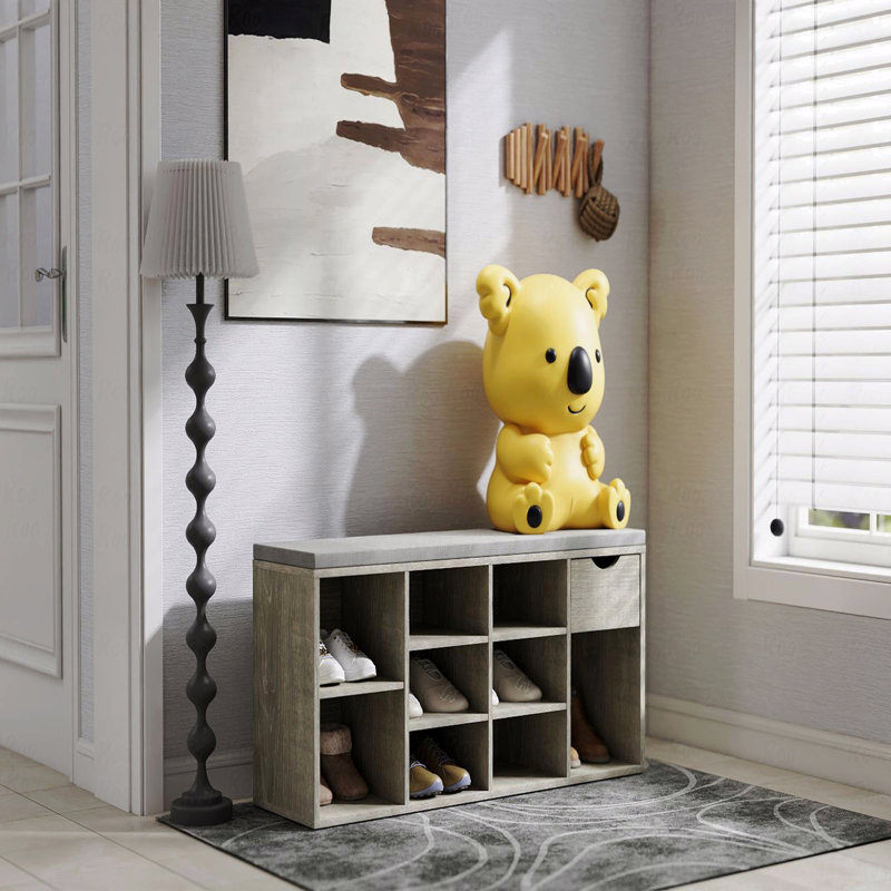 Banc de rangement pour chaussures, banc d'entrée avec coussin rembourré, étagère à chaussures à 3 niveaux avec tiroir et compartiments ouverts, gris