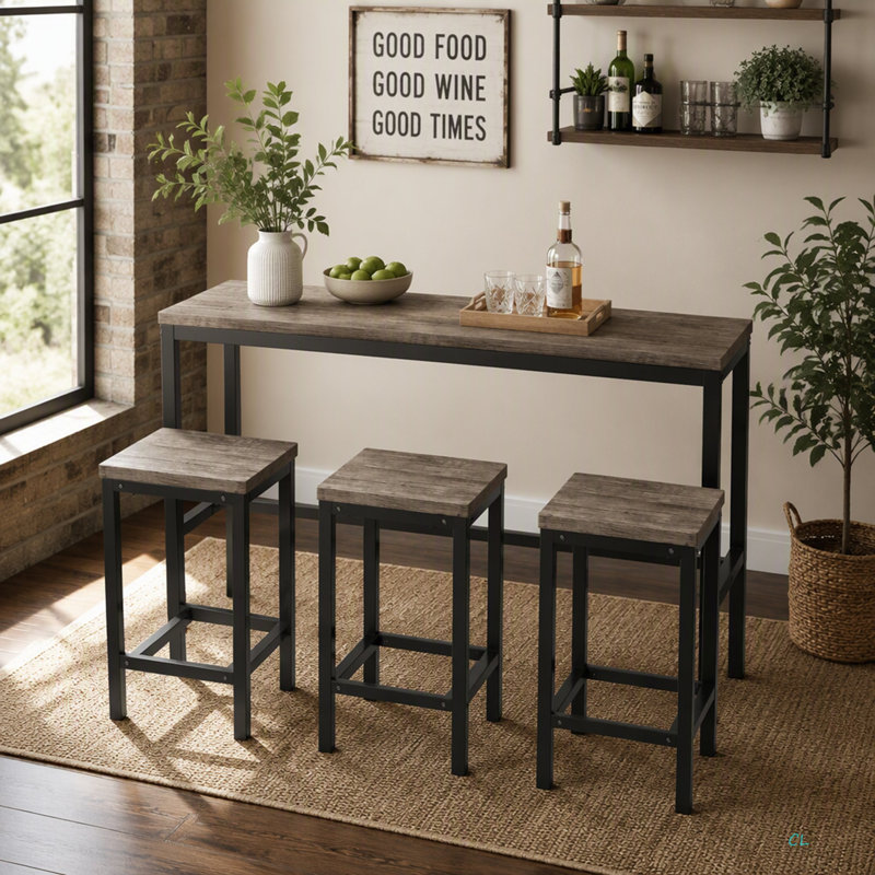 Modern Design Kitchen Dining Table, Pub Table, Long Dining Table Set With 3 Stools, Easy Assembly