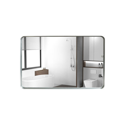 Miroir de salle de bain 36 po x 30 po à bords biseautés argentés lustrés, cadre rectangulaire en coin arrondi, cadre en alliage d'aluminium