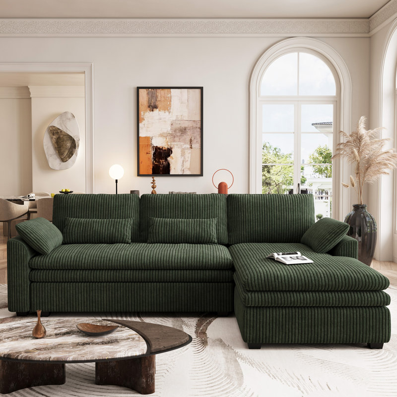 Canapé manuel en L à 3 places avec coussin de siège double amovible Manuel Corduroy, Velours côtelé vert, Orienté à droite