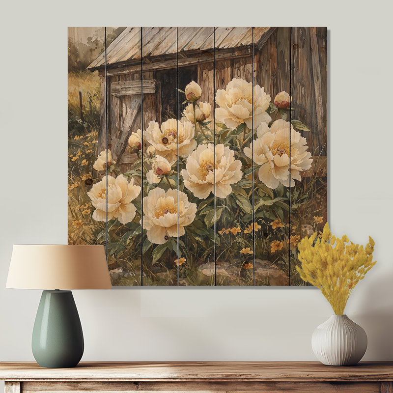 Pivoines par le vieux poulailler I - décoration murale en bois de pivoines - sur bois de pin naturel
