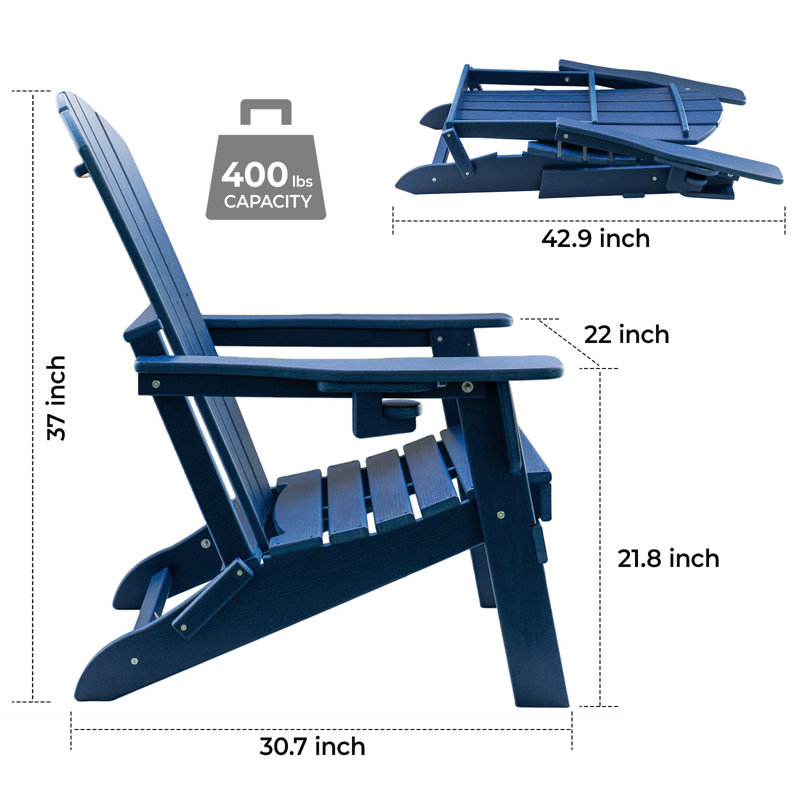 HDPE Folding Adirondack Leisure Chair - Large Space, Suitable For All Weather, Supports Multiple Cup Types, Low Maintenance Needs, Weighs 400 Pounds, Navy Blue 2PCS