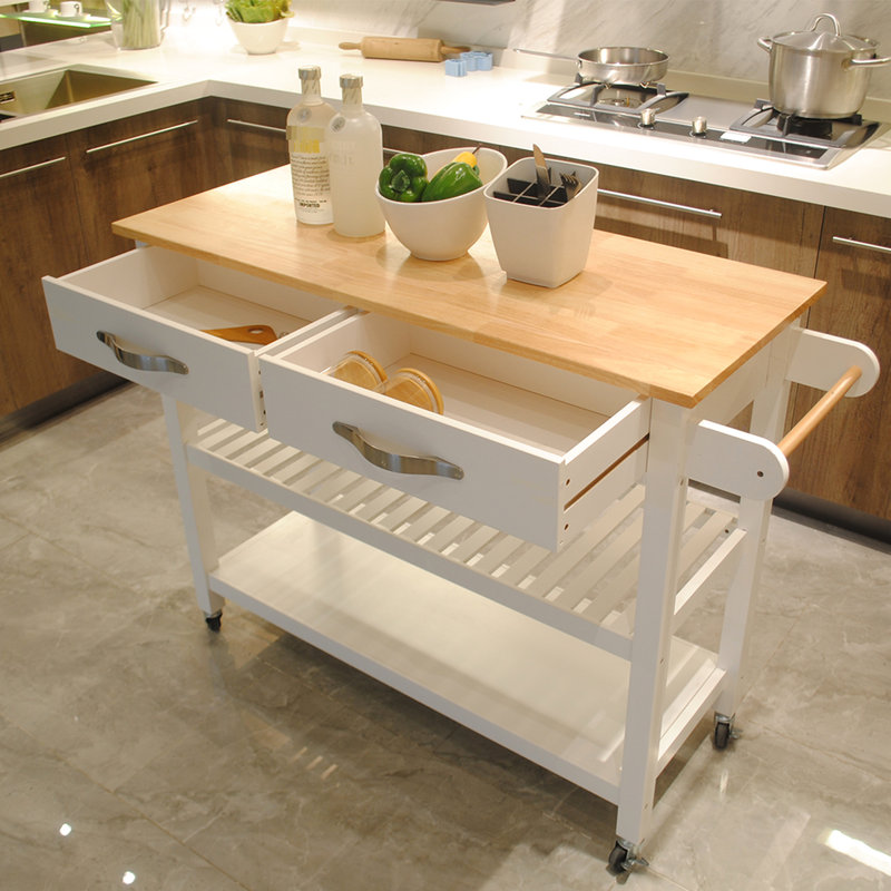 Îlot de cuisine avec deux roues verrouillables, intérieur spacieux et chariot à poignées en métal, beaucoup d'espace de rangement
