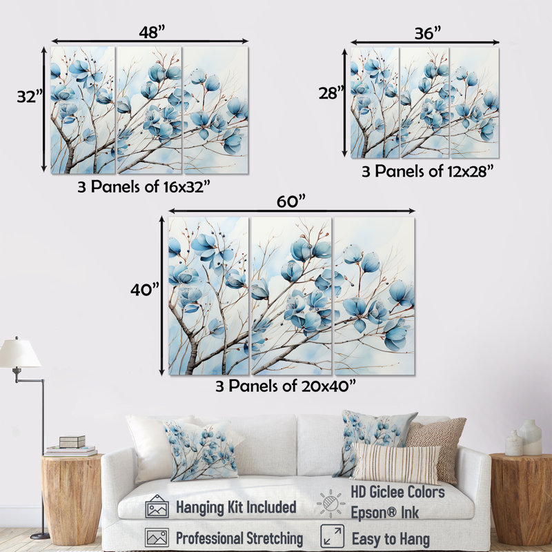 Ensemble de décoration murale feuilles bleues et grises I Bloom, H 40 po x l 60 po x P 1 po