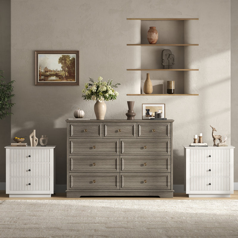 Ensemble de rangement vintage 3 pièces pour chambre à coucher comprenant une commode haute à 9 tiroirs et 2 tables de chevet