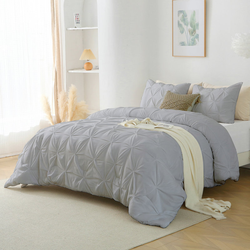 Pleat Polyester 3-Piece Comforter Set, Gray, Queen Comforter + 2 Pillowcases