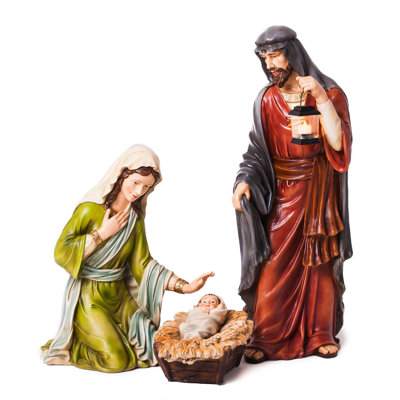 Ensemble de trois crèches d'extérieur en résine avec Marie, Joseph et l'enfant Jésus