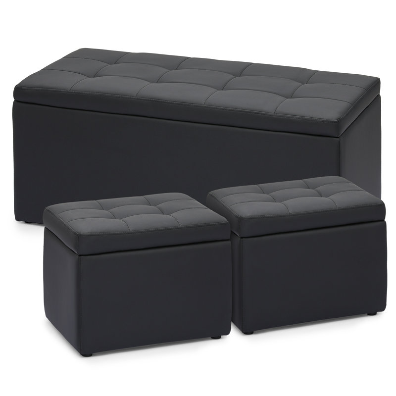 Upholstered Storage Ottoman Bench Set, Button Tufted Storage Bench with 2 Ottoman Footrest Footstool