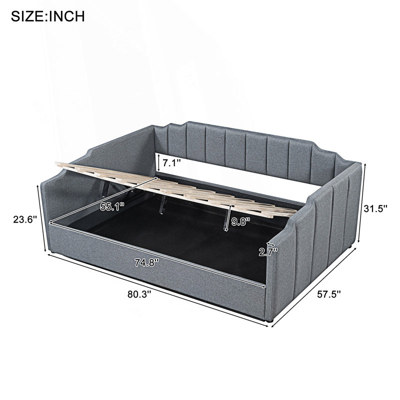 Lit de jour rembourré de style moderne avec rangement inférieur, lit de jour double, Gris
