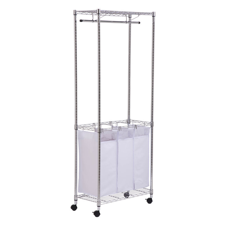 Chrome Steel Rolling Laundry Center with Triple Sorter and Hanging Rod